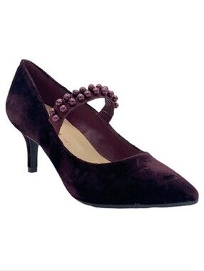 Isaac Mizrahi Live Velvet Faux Pearl Strap Mary Jane Kitten Heel Pumps Wine 7.5